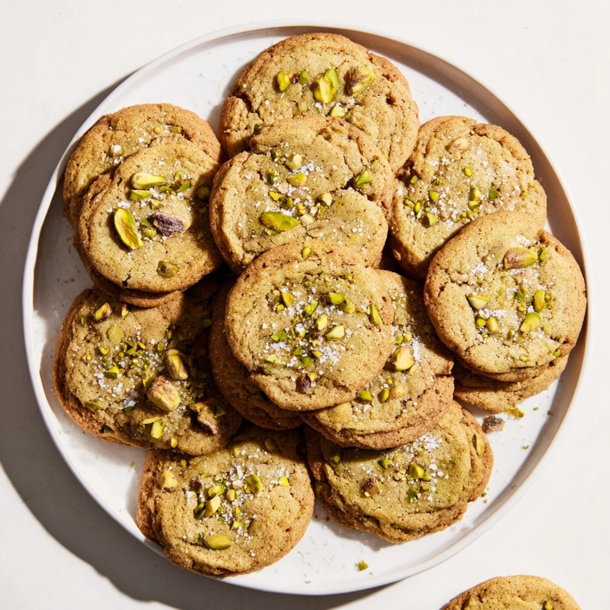 Stack of sweet and salty honey pistachio cookies with golden edges and chopped nut pieces visible