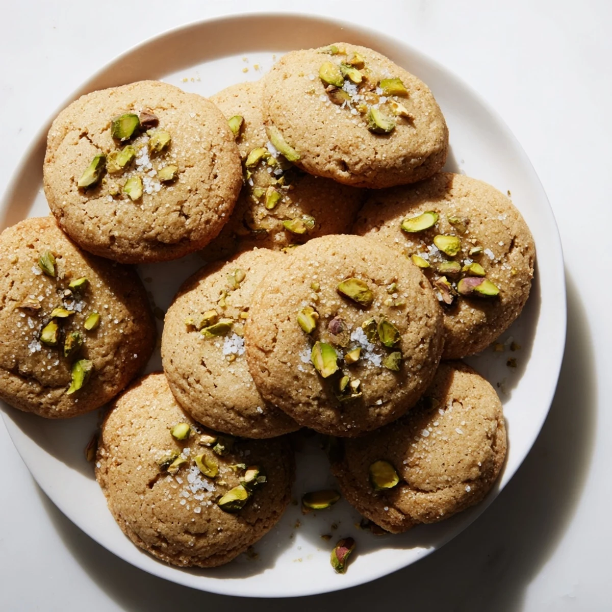 Chewy homemade honey pistachio cookies studded with green nuts and finished with crunchy salt flakes