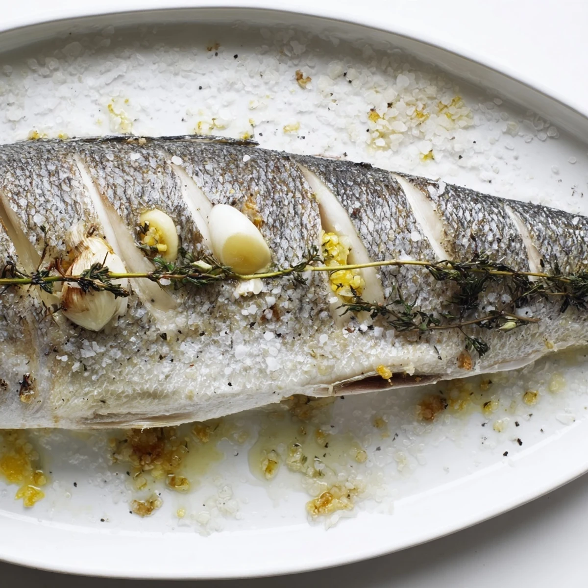Golden whole roasted fish with crispy skin served on white platter with fresh parsley and lemon wedges