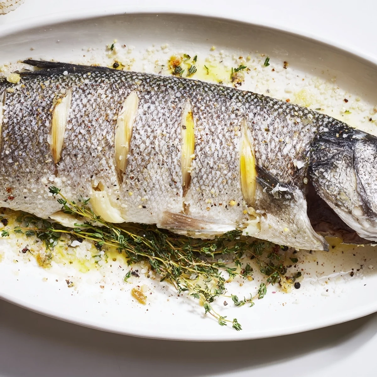 Mediterranean style whole roasted fish featuring beautifully browned crispy skin garnished with citrus slices and green herbs