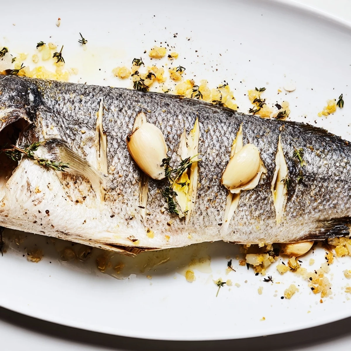Whole roasted fish displaying crackling golden skin beside fresh lemon wedges and chopped parsley on serving dish