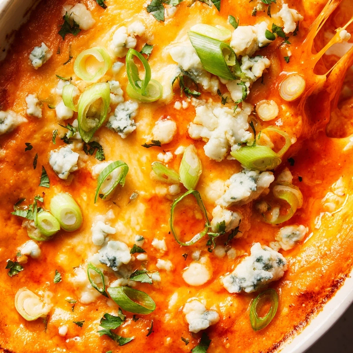 Golden bubbly cheesy white bean buffalo dip fresh from the oven with melted cheddar