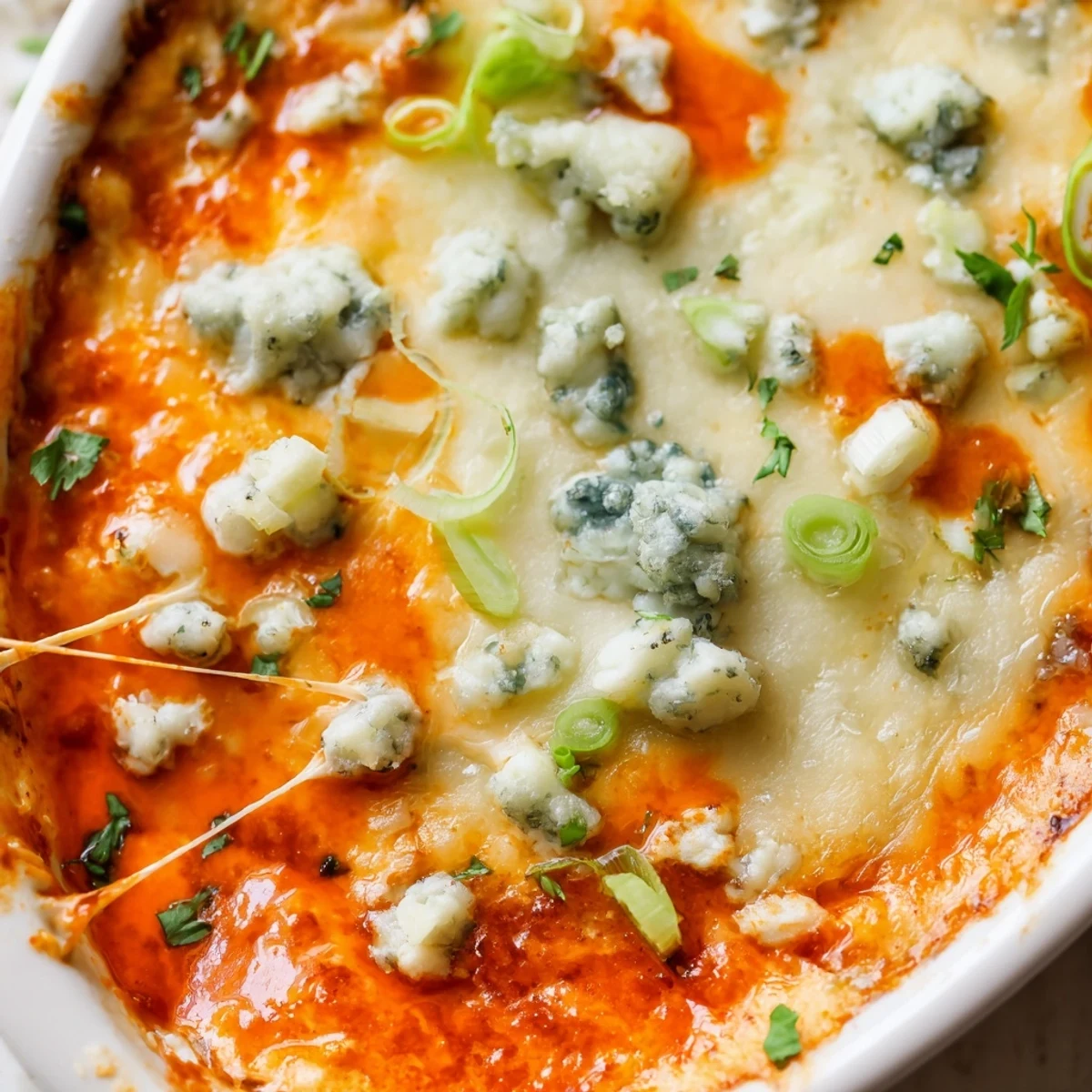 Spicy white bean buffalo appetizer with tangy sauce and blue cheese crumbles ready for dipping