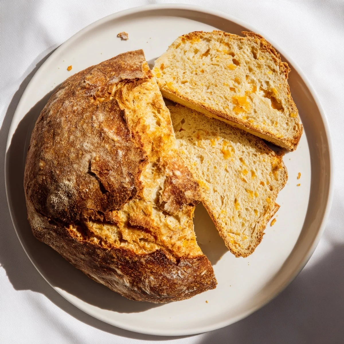 Rustic no knead cheddar bread with bubbling melted cheese and crispy surface