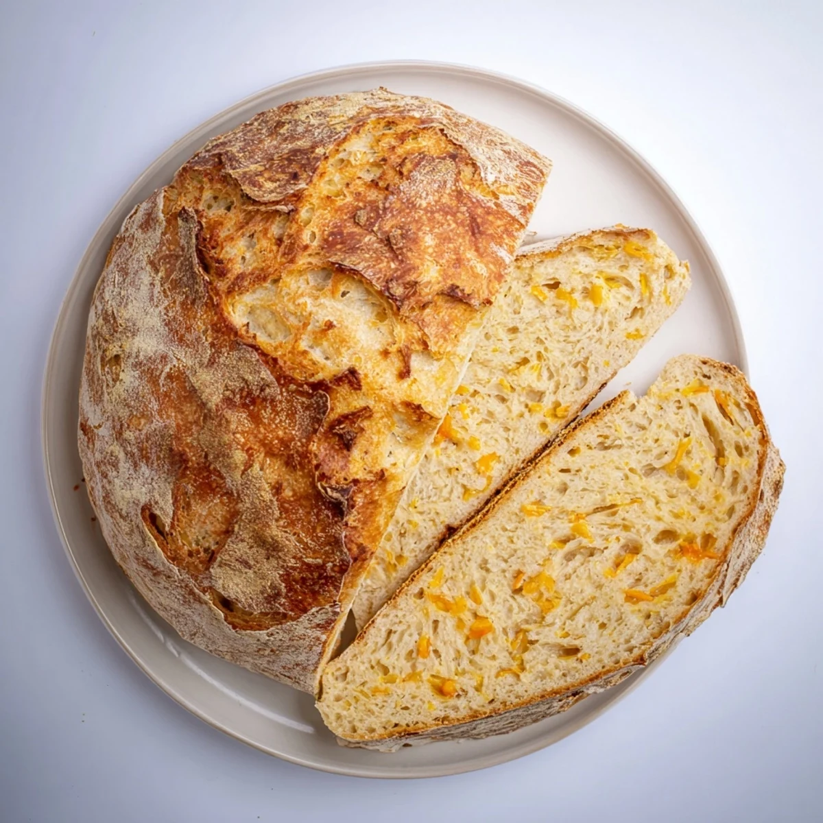 Golden crust no knead cheddar bread loaf sliced on wooden cutting board