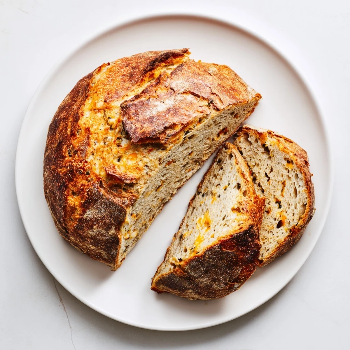Freshly baked no knead cheddar bread cooling on wire rack with flaky crust