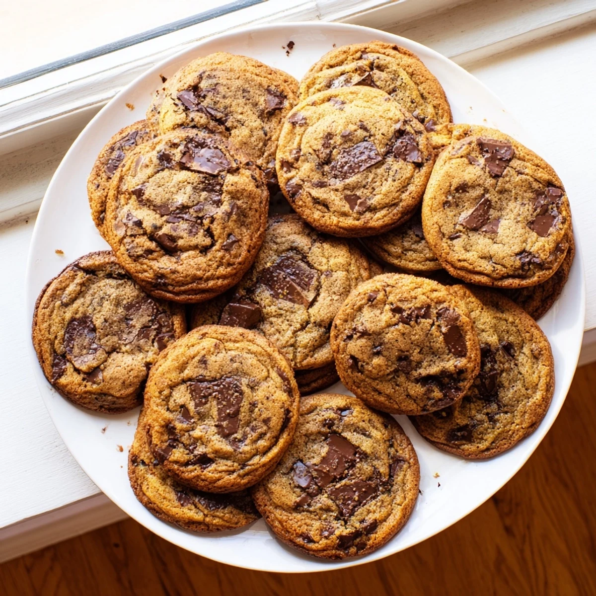Golden brown butter chocolate chip cookies with melted chocolate chunks and crispy edges