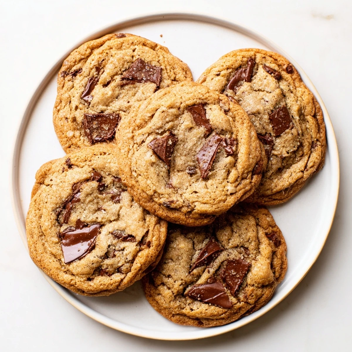 Plate of nutty brown butter chocolate chip cookies with gooey chocolate centers and sea salt