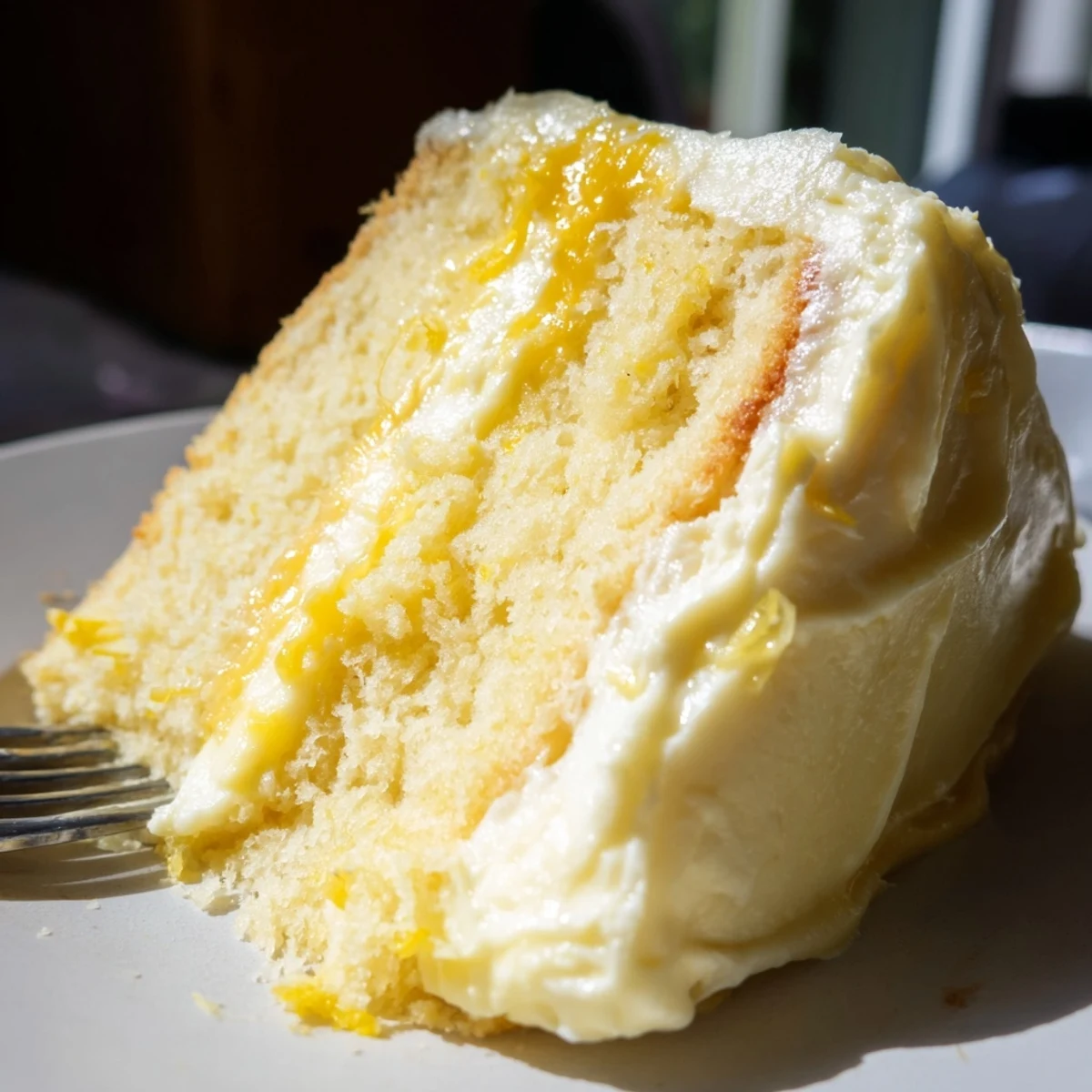 Finished lemon layer cake frosted in silky white buttercream with fresh lemon garnish