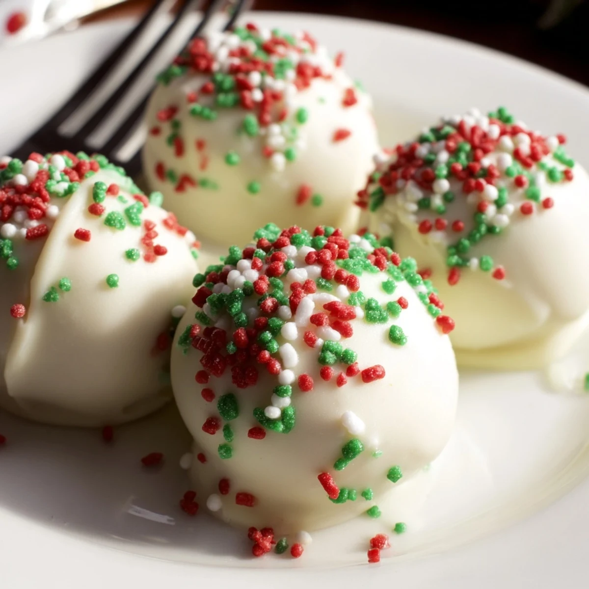 Golden Oreo truffles coated in white chocolate topped with red and green sprinkles