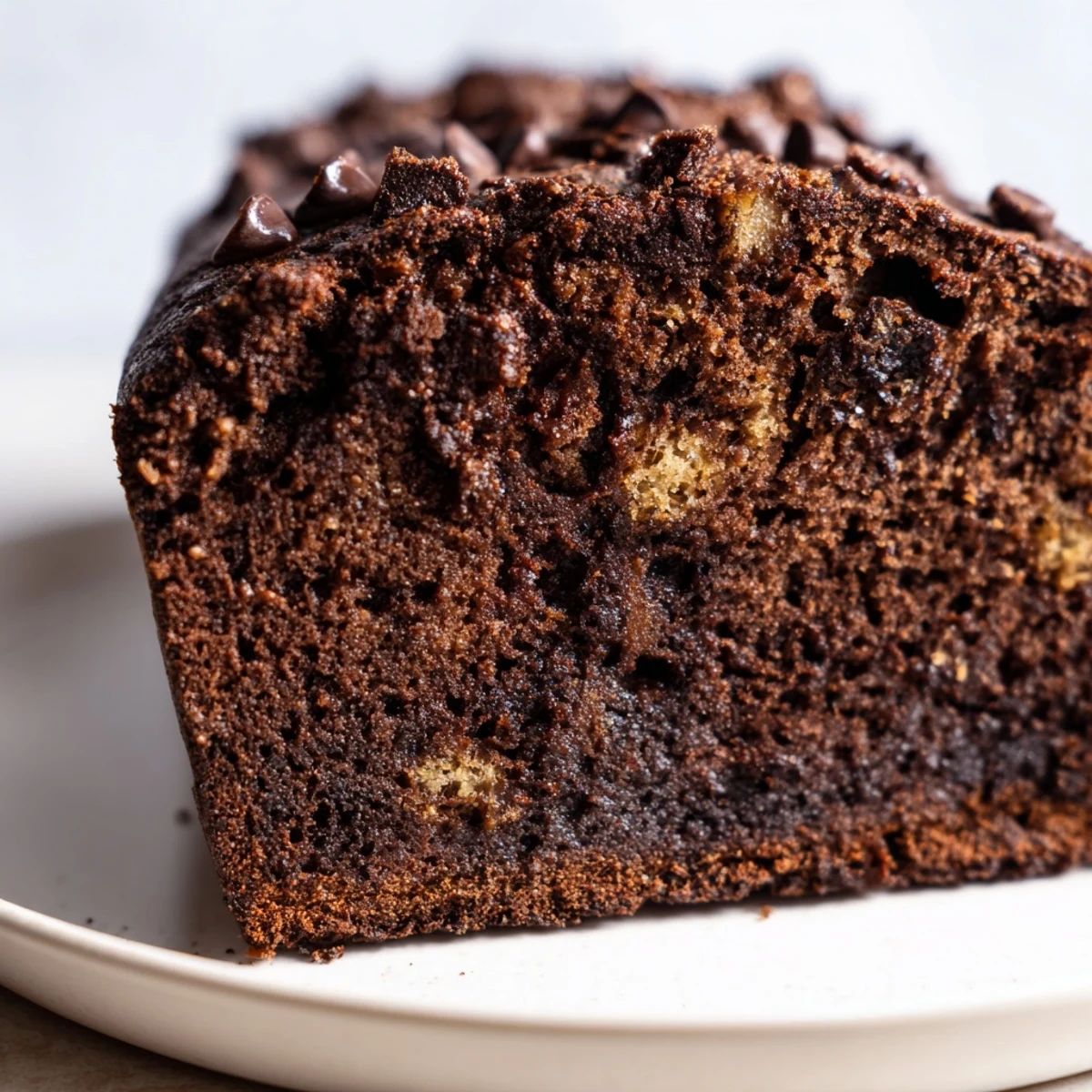 Slice of chocolate espresso banana bread with melted chocolate chips on a white plate