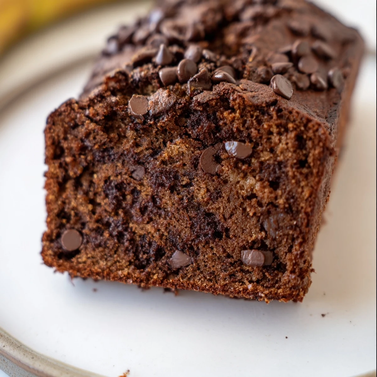 Moist chocolate espresso banana bread loaf dusted with cocoa powder on a wooden cutting board