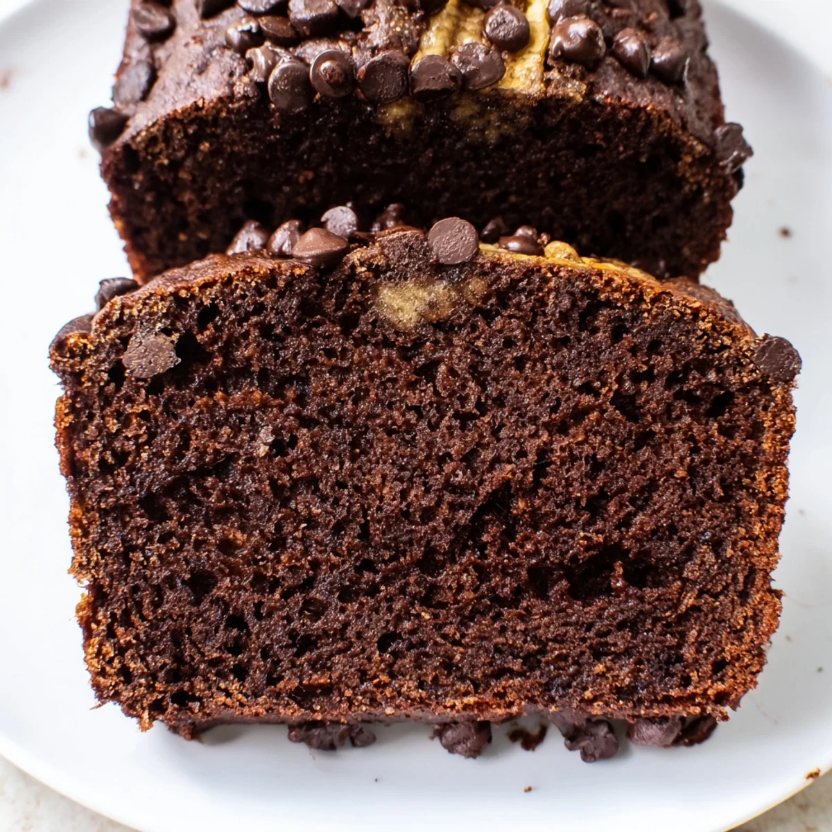 Freshly baked chocolate espresso banana bread with a steaming cup of coffee beside it