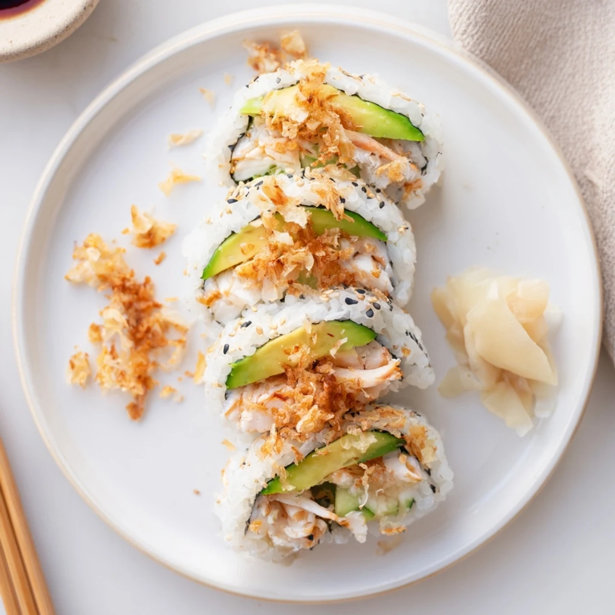 Sliced California Crunch Roll Sushi arranged on plate, soy and ginger nearby.