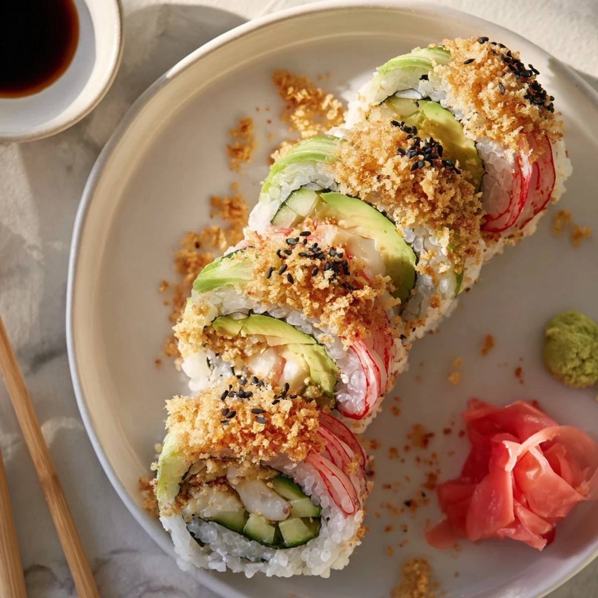 California Crunch Roll Sushi with creamy crab, ripe avocado, crunchy tempura flakes.
