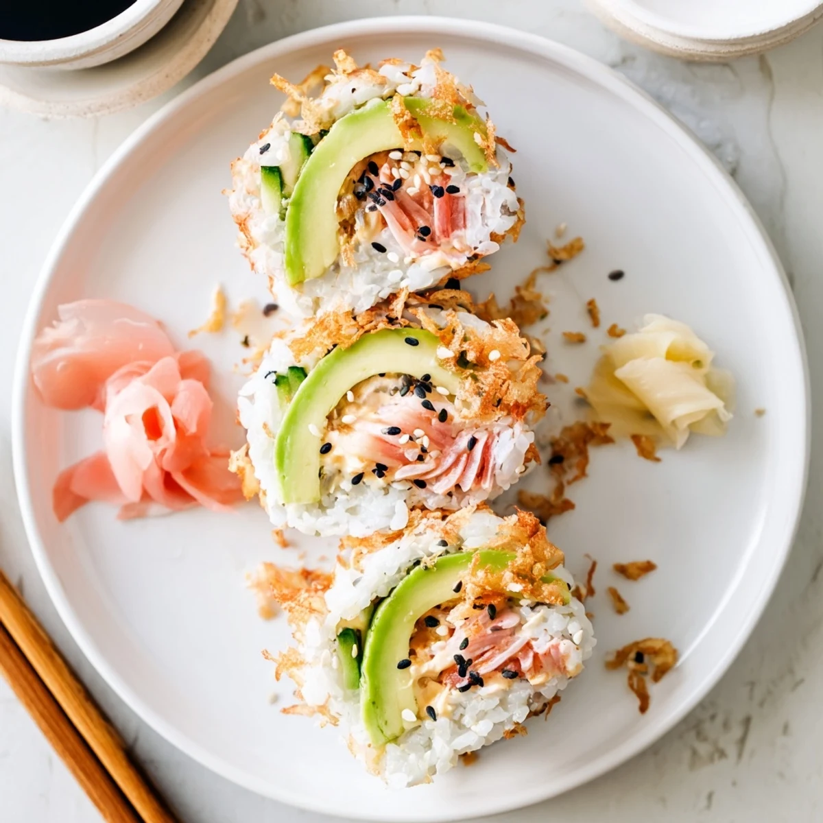 Hand rolled California Crunch Roll Sushi showing glossy rice, sesame, tempura flakes.