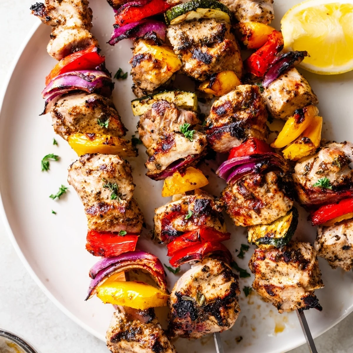 Grilled Chicken Kabobs sizzling with charred edges, colorful peppers and lemon wedges.