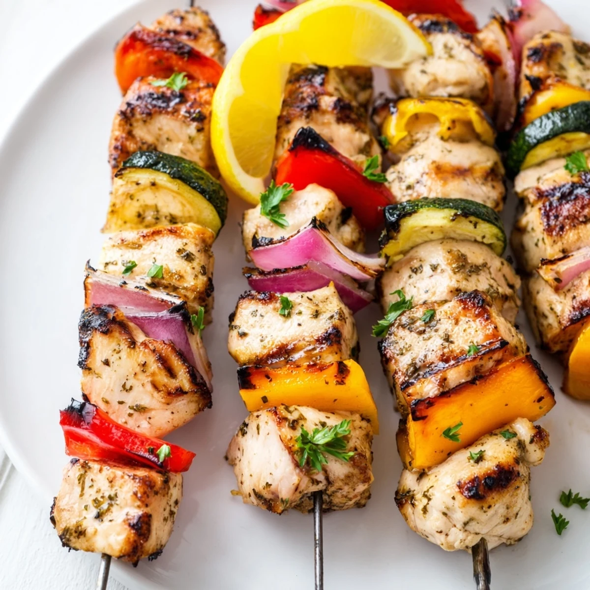 Juicy Grilled Chicken Kabobs with smoky paprika aroma, parsley garnish and wedges.