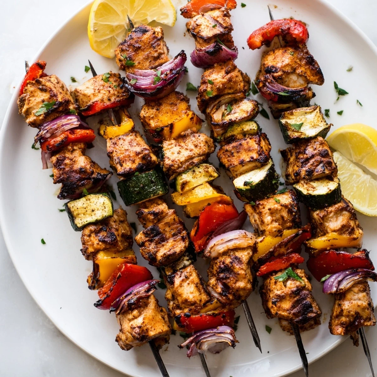 Skewered Grilled Chicken Kabobs marinated in lemon-garlic, served over rice pilaf.