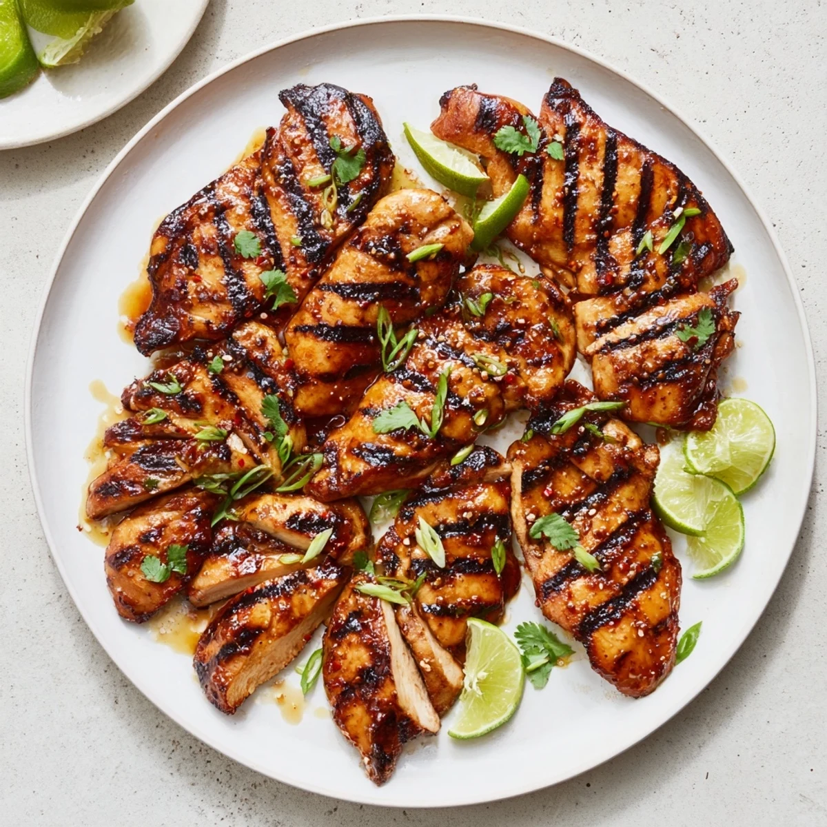 Charred, glossy Grilled Vietnamese Chicken topped with cilantro and lime wedges.