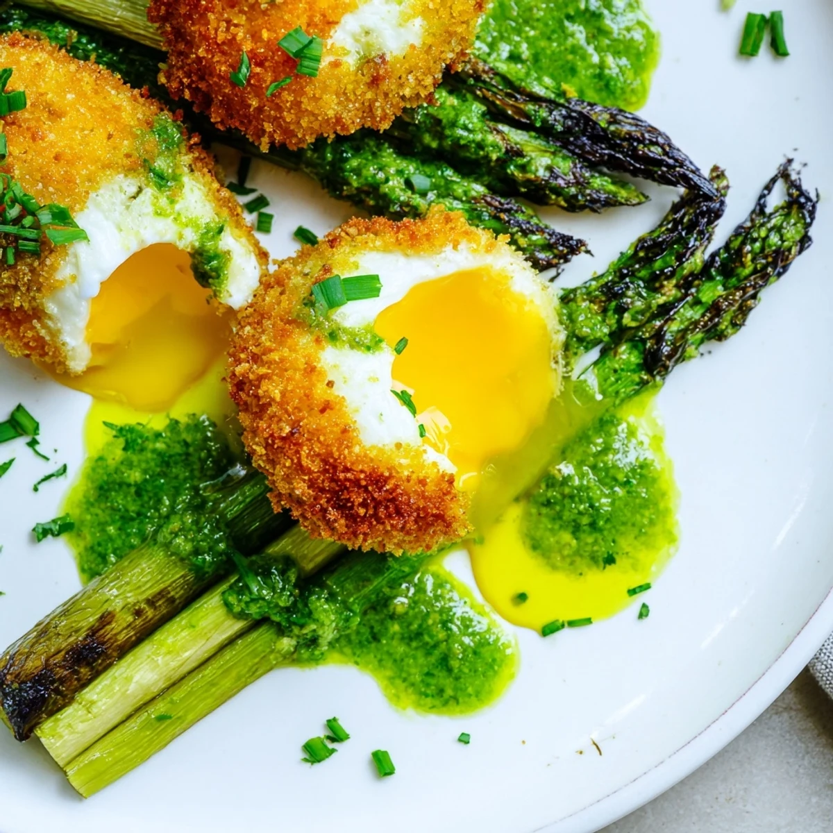 Golden crispy egg yolks rest atop grilled asparagus spears drizzled with bright green herb sauce
