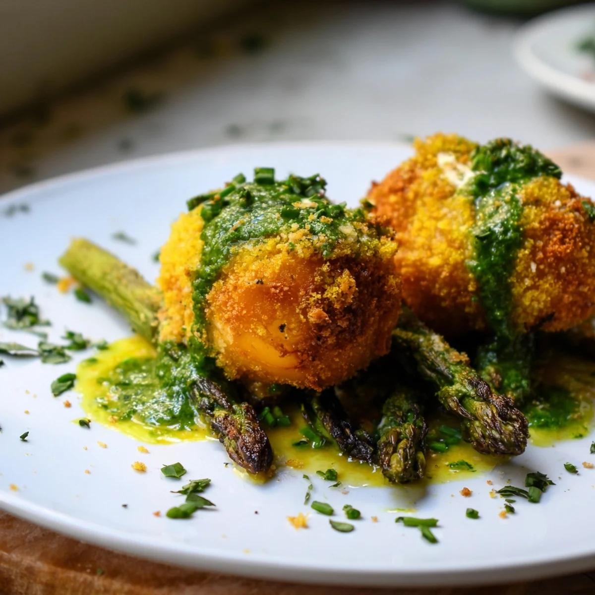 Restaurant-style appetizer featuring golden fried egg yolks on charred asparagus with tangy herb dressing