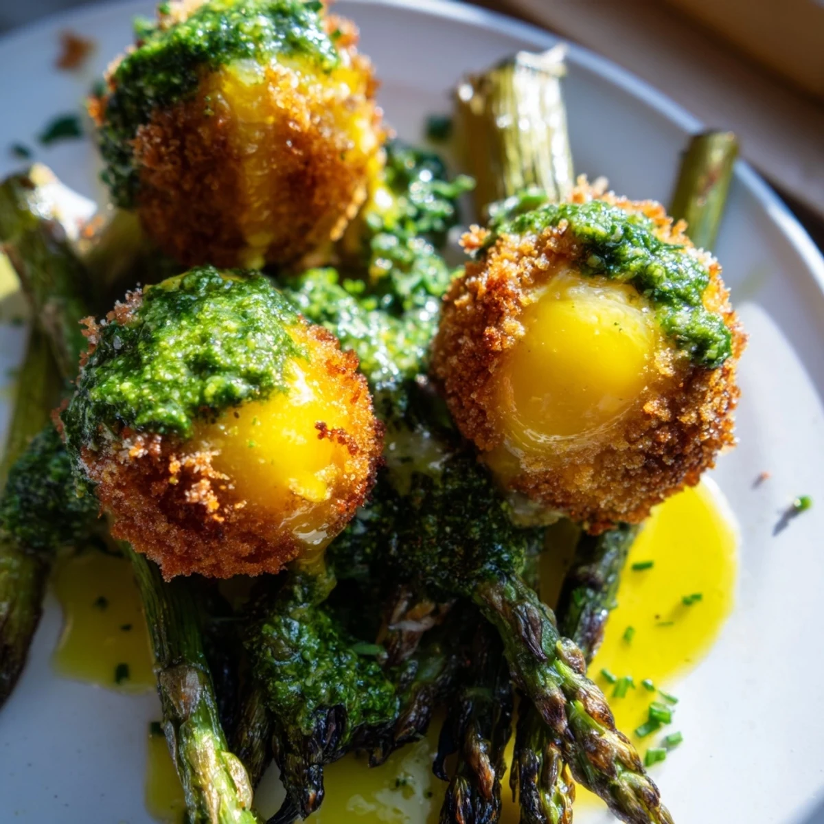 Fried egg yolks with crunchy breadcrumb coating served over tender asparagus and fresh parsley chive sauce