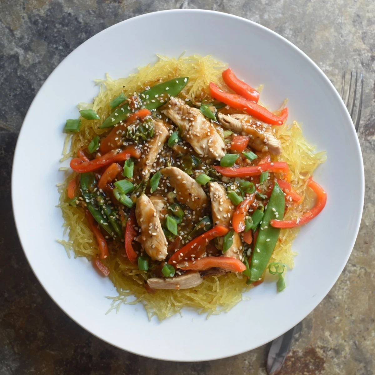 Golden roasted spaghetti squash tossed with tender chicken and colorful crisp vegetables in savory Asian-inspired sauce