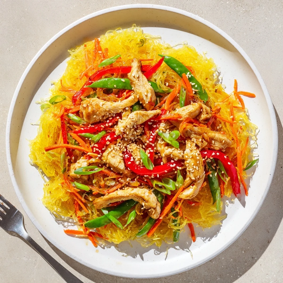 Steaming bowl of gluten-free spaghetti squash chicken chow mein garnished with fresh green onions and sesame seeds