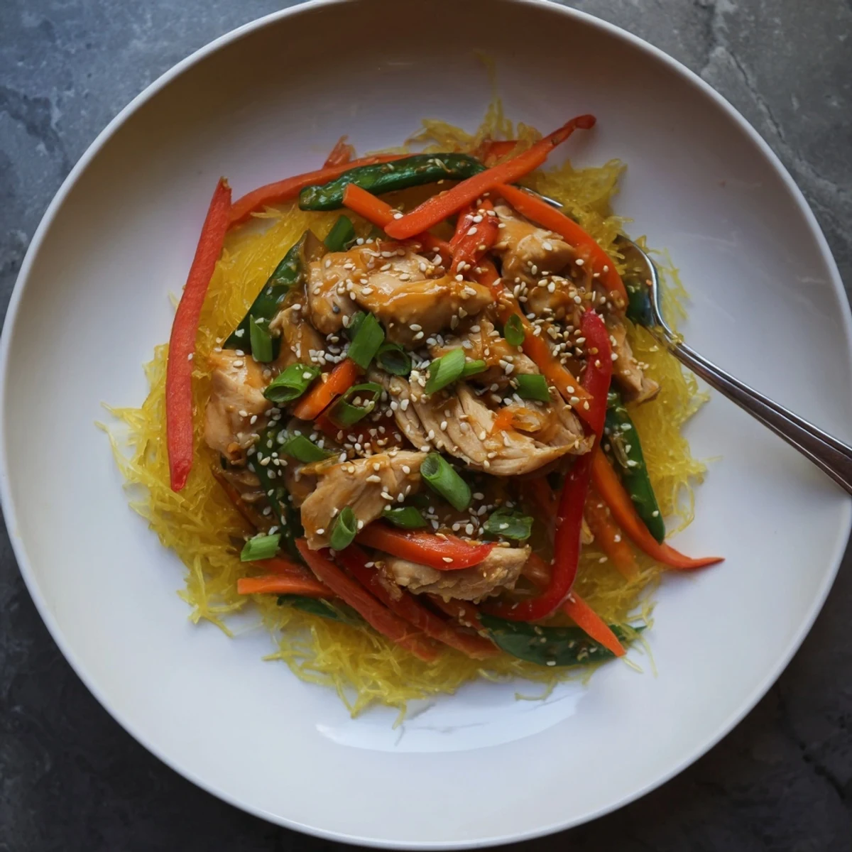 Low carb chow mein featuring shredded spaghetti squash noodles with sliced chicken breast and vibrant snap peas