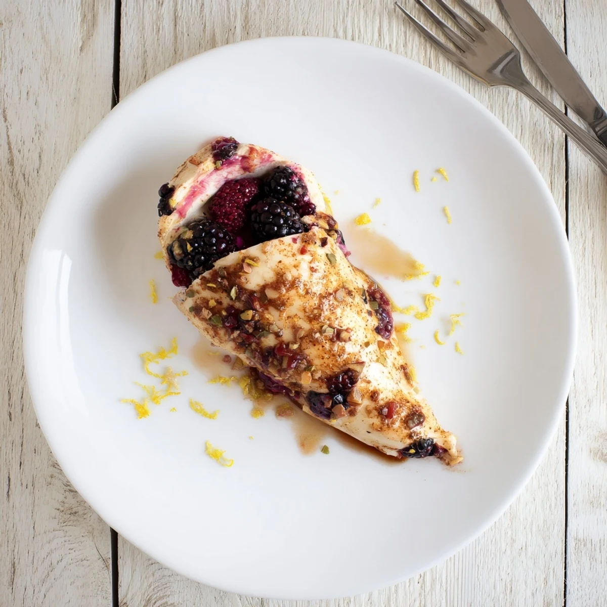 Golden brown Sweet Spicy Blackberry Stuffed Chicken breast with dark purple blackberry filling oozing from the center