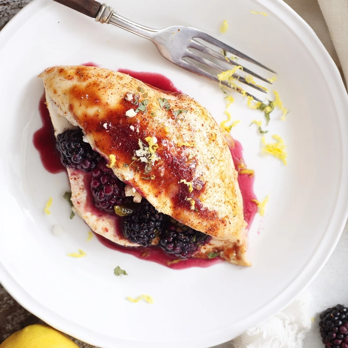 Succulent stuffed chicken breast sliced open to reveal sweet and spicy blackberry cream cheese filling with fresh blackberries