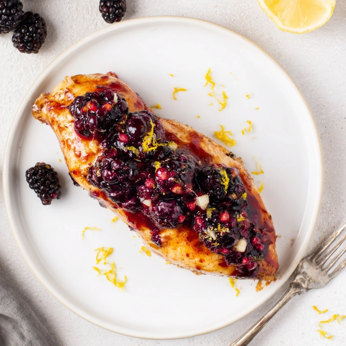 Juicy oven baked Sweet Spicy Blackberry Stuffed Chicken drizzled with honey balsamic glaze on a white plate