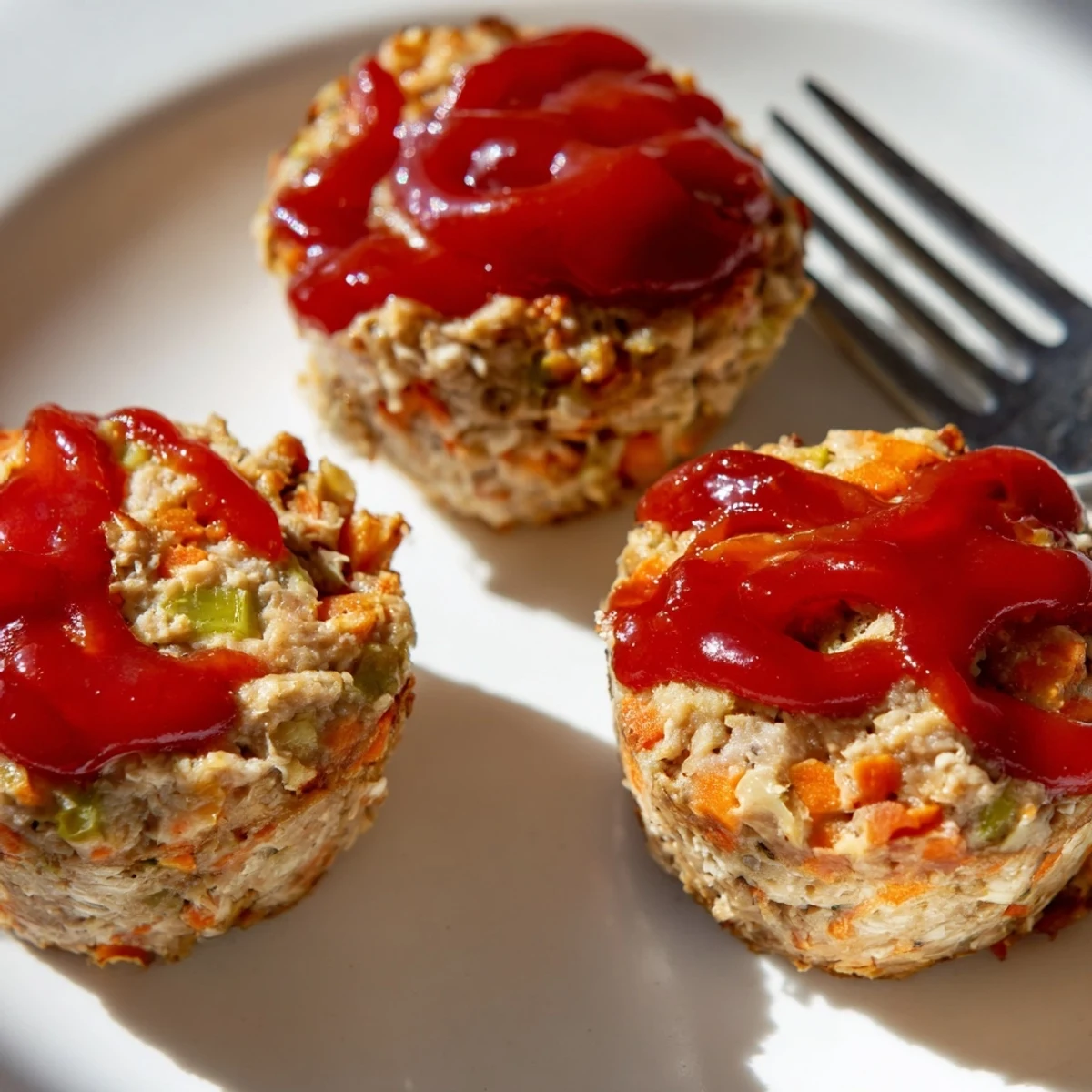 Golden brown turkey meatloaf muffins topped with glazed ketchup in a muffin tin