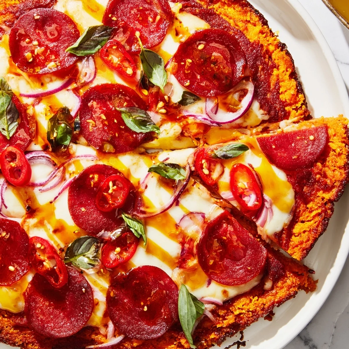 Golden sweet potato crust pizza topped with melted mozzarella, crispy pepperoni, and hot honey drizzle