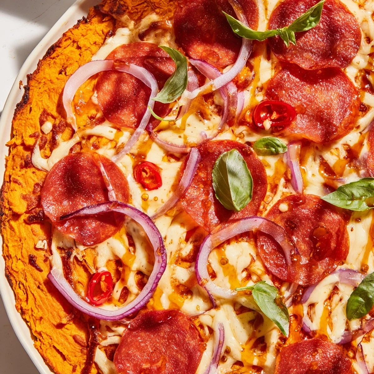 Gluten-free pepperoni hot honey pizza with sweet potato crust, bubbling cheese, and spicy red onion slices