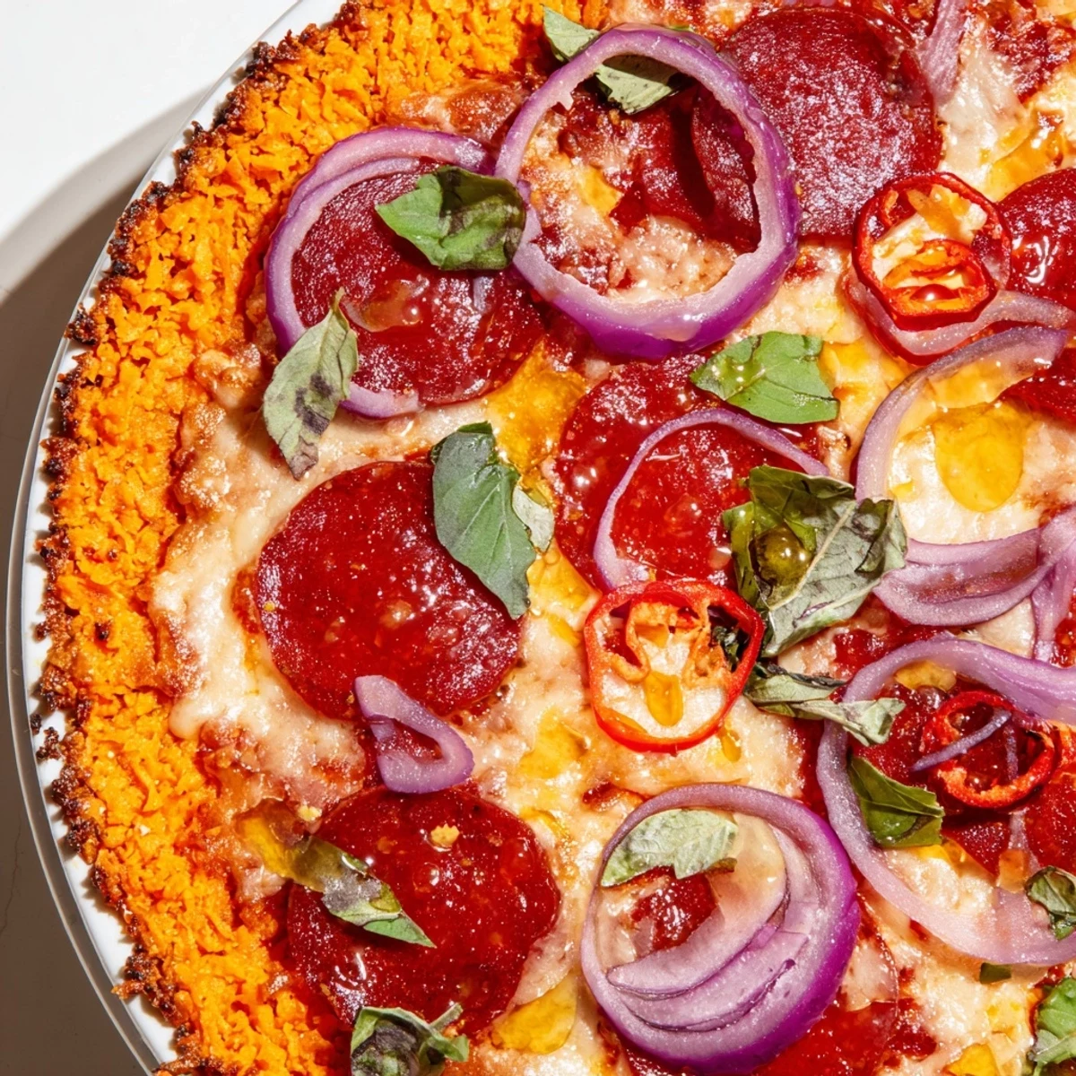 Slice of sweet potato crust pizza featuring spicy pepperoni, gooey cheese, and sweet hot honey glaze