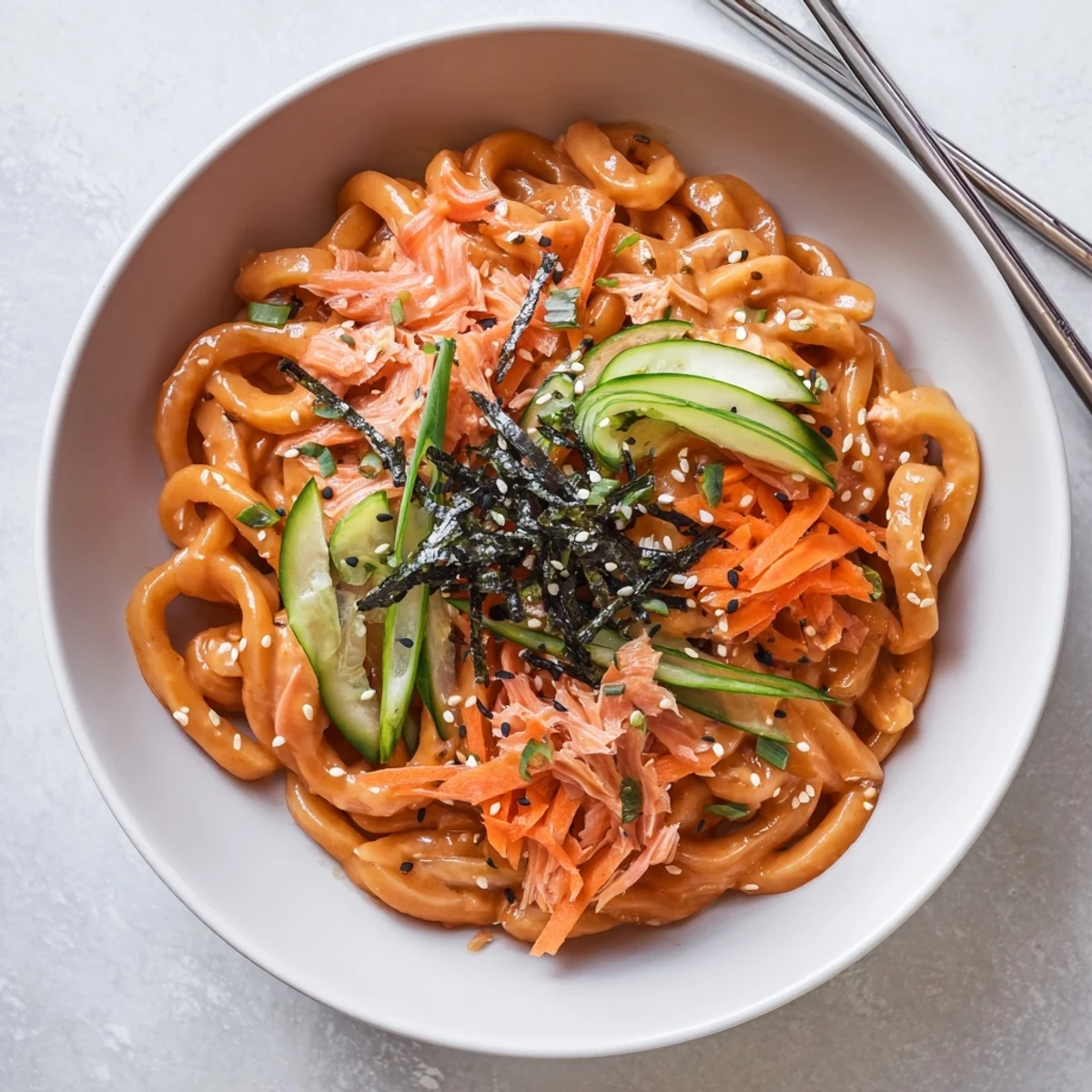 Vibrant bowl of spicy tuna udon topped with sesame seeds, nori, and sliced green onions