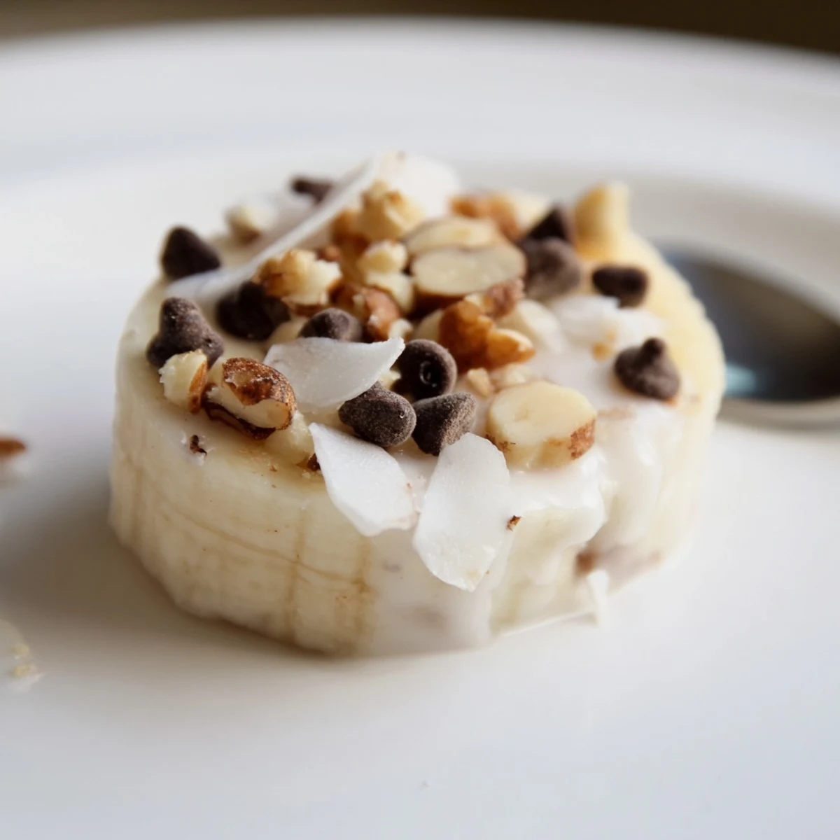 Stack of Frozen Banana Yogurt Bites glistening with yogurt, ready for snacking.