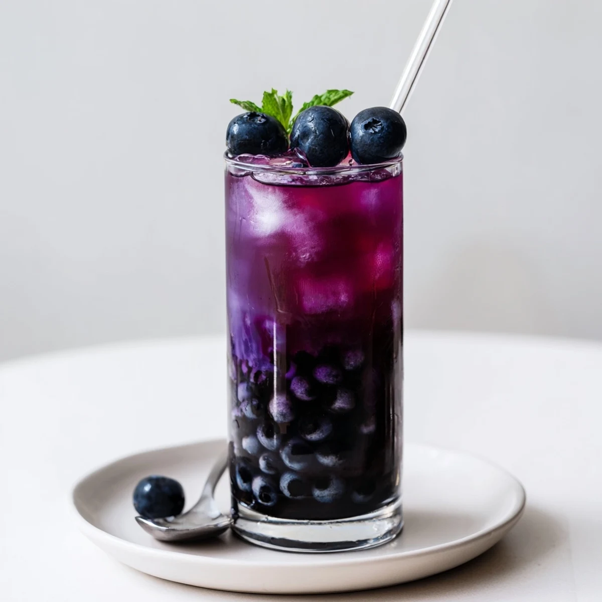 Iced Blueberry Milk Tea Cooler with glossy tapioca pearls and crushed ice