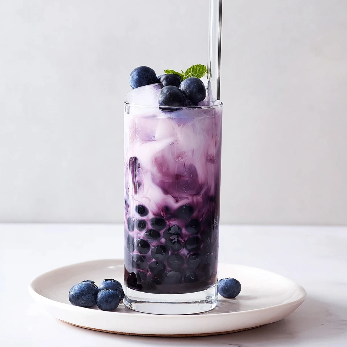 Refreshing Blueberry Milk Tea Cooler served in tall glass with wide straw