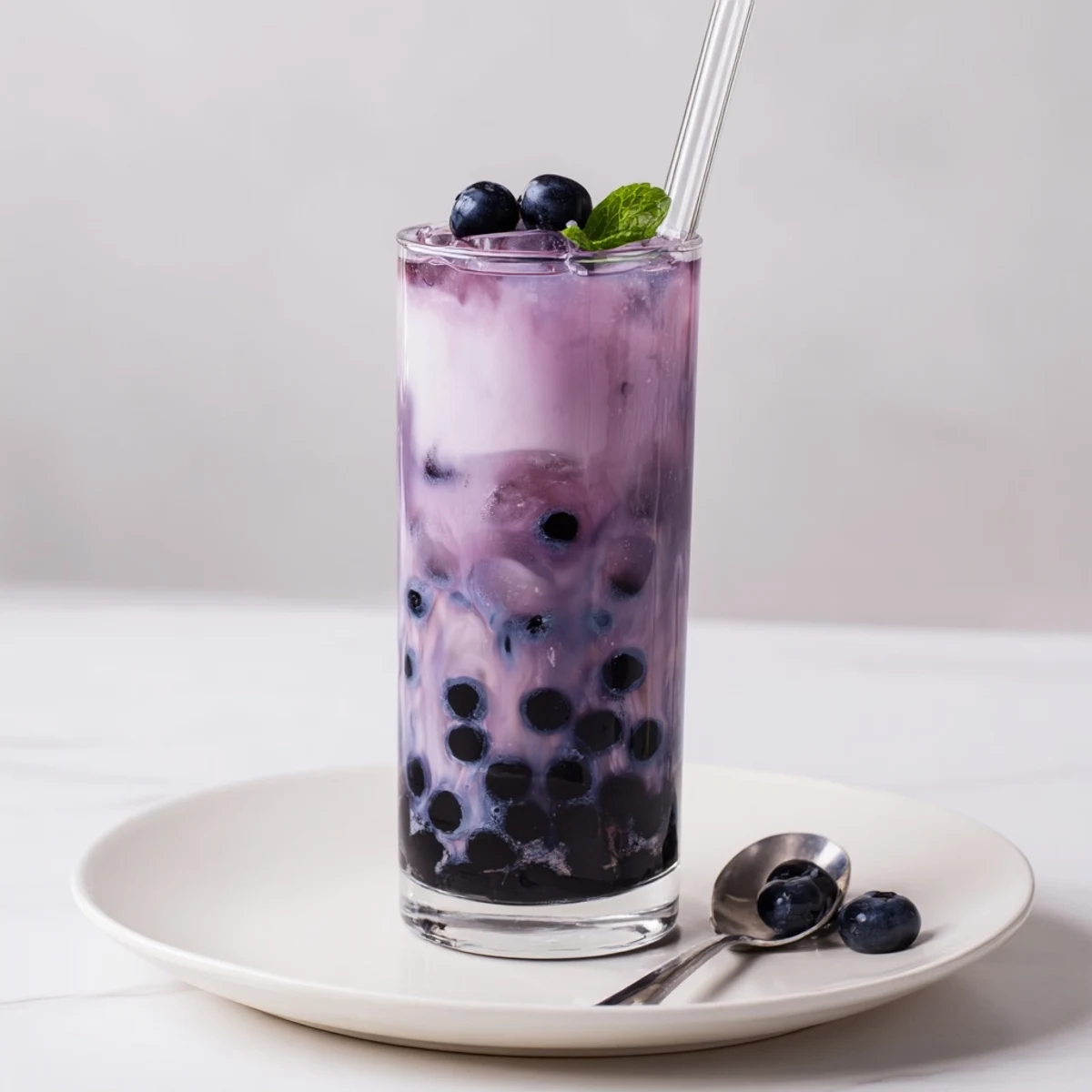 Blueberry Milk Tea Cooler layered with purple syrup, chilled tea, creamy milk
