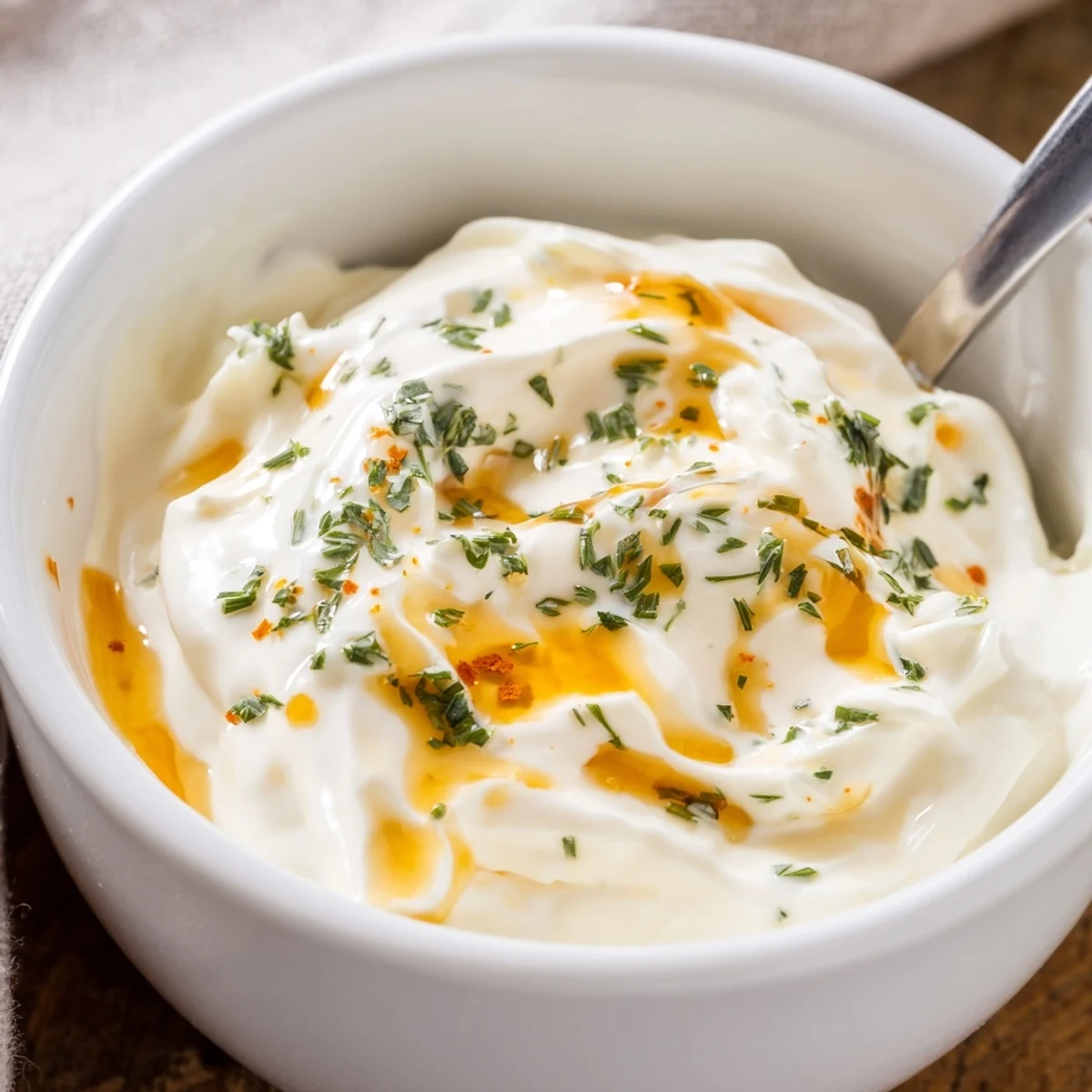 Bowl of Hot Honey Ranch Dip garnished with chives, served with chips