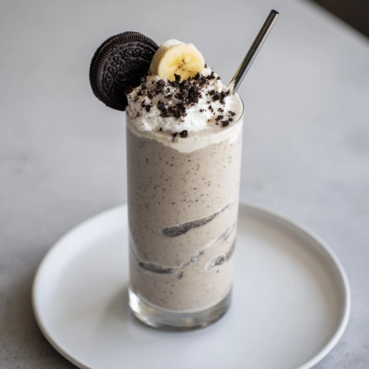 Chilled Cookies And Cream Protein Shake garnished with whipped cream, ideal post-workout treat