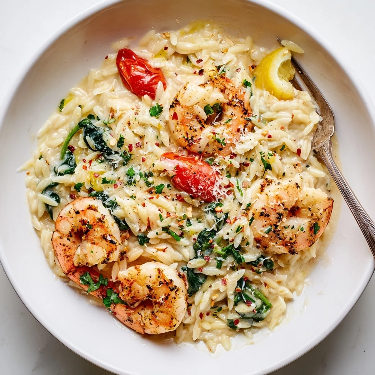 Skillet of Creamy Shrimp Orzo Recipe, steaming with wilted spinach