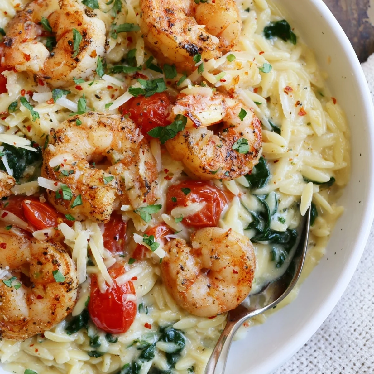 Weeknight-ready Creamy Shrimp Orzo Recipe garnished with parsley and cracked pepper