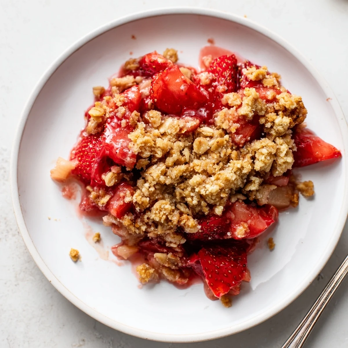 Bubbling Strawberry Rhubarb Crisp Recipe with golden oat topping, fragrant steam.