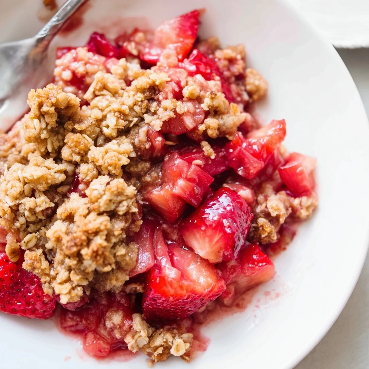 Strawberry Rhubarb Crisp Recipe served warm, spoonful over melting vanilla ice cream.