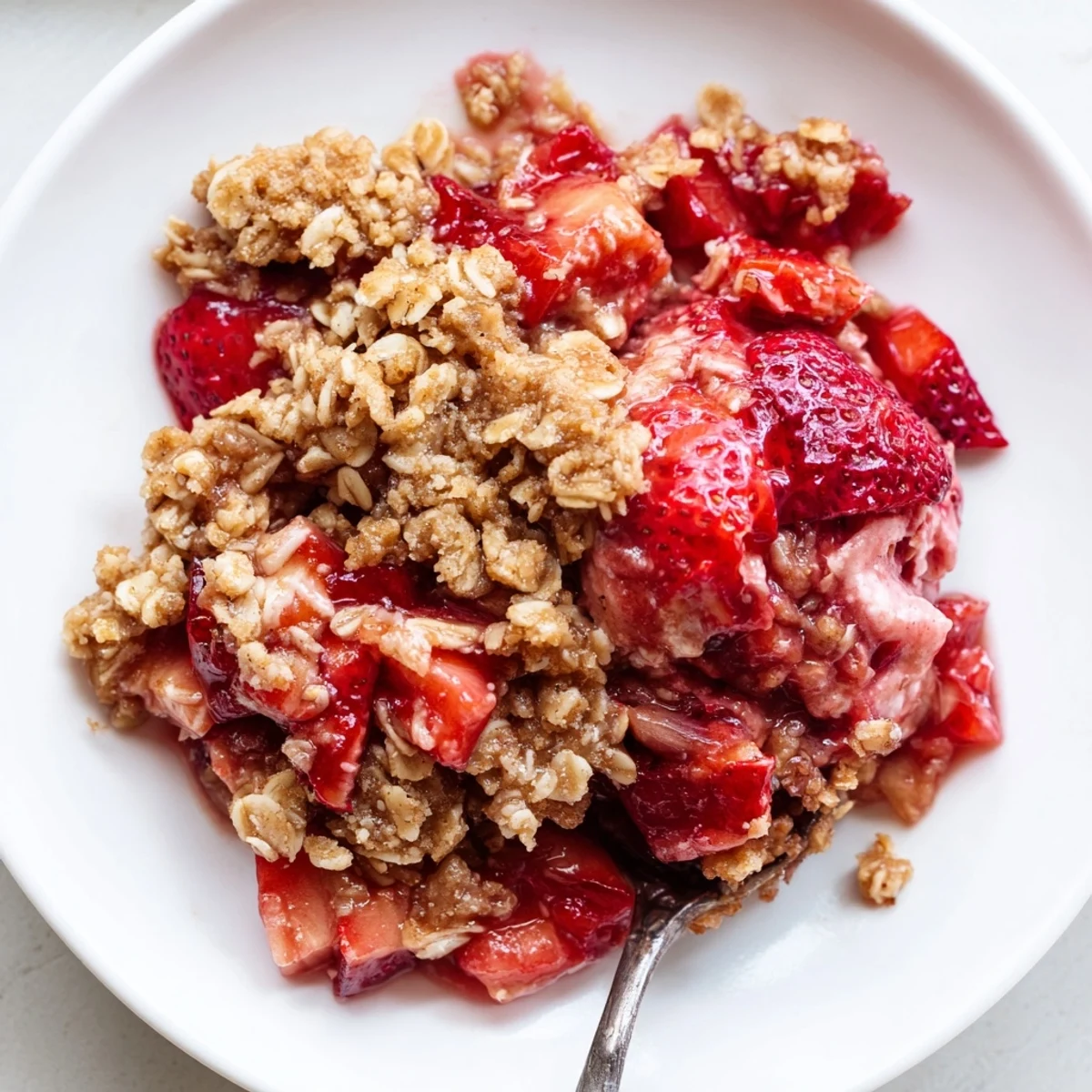 Homestyle Strawberry Rhubarb Crisp Recipe studded with juicy fruit, cinnamon aroma.