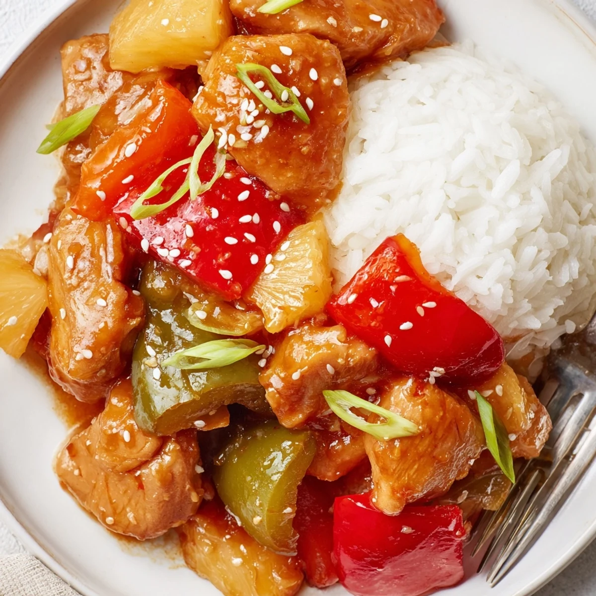 A bowl of Sweet Hawaiian Crockpot Chicken served over steaming jasmine rice